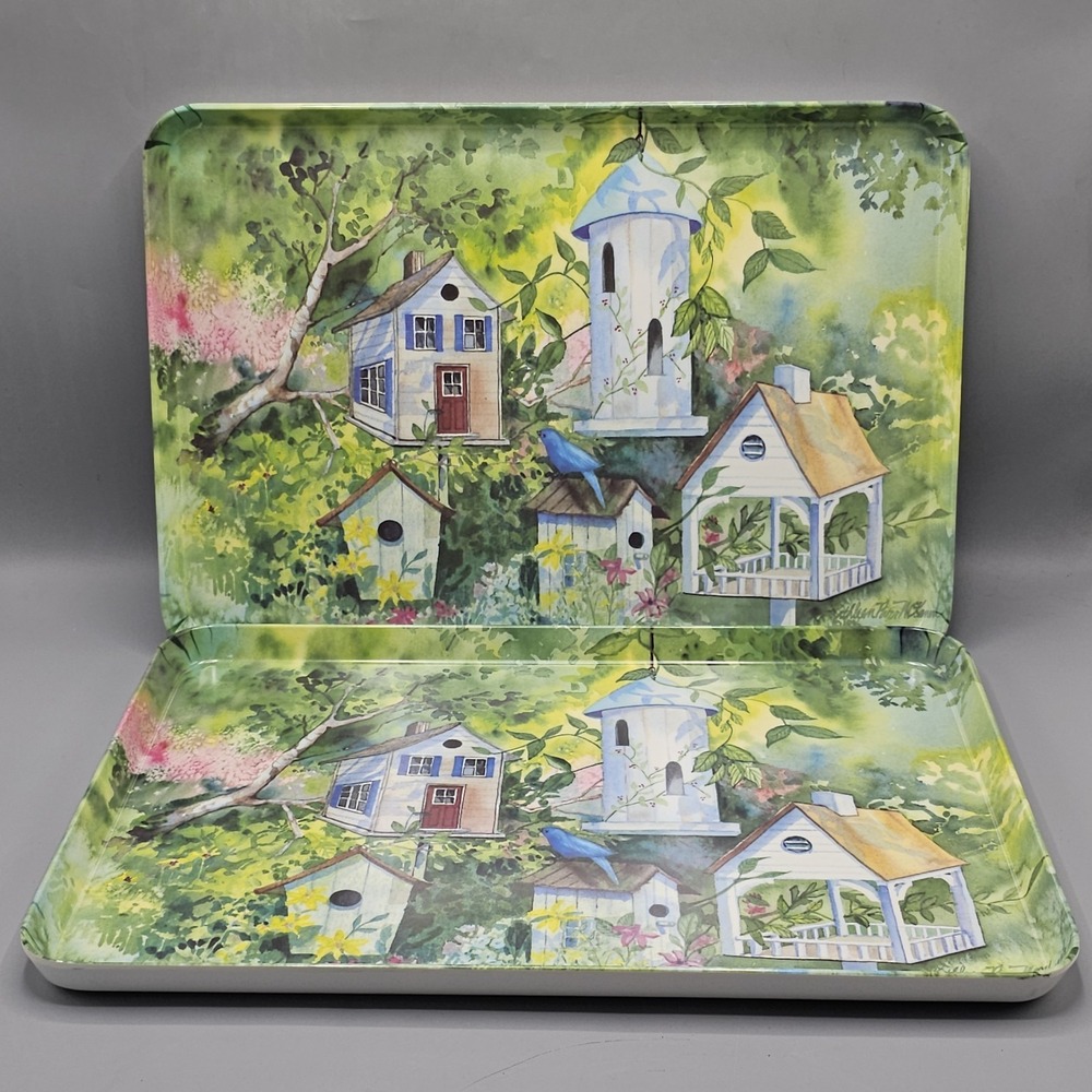 Vintage Melplus Birdhouses Serving Trays Kathleen Parr SET Of 2 17.5X12 Italy